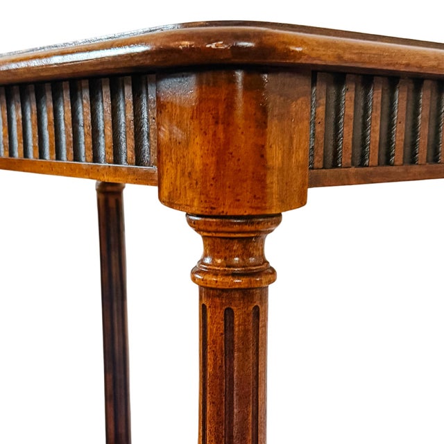 1980s Vintage Neoclassical Two-Tier Sofa Walnut Table With Inset Glass Top & Fluted Legs For Sale - Image 5 of 8