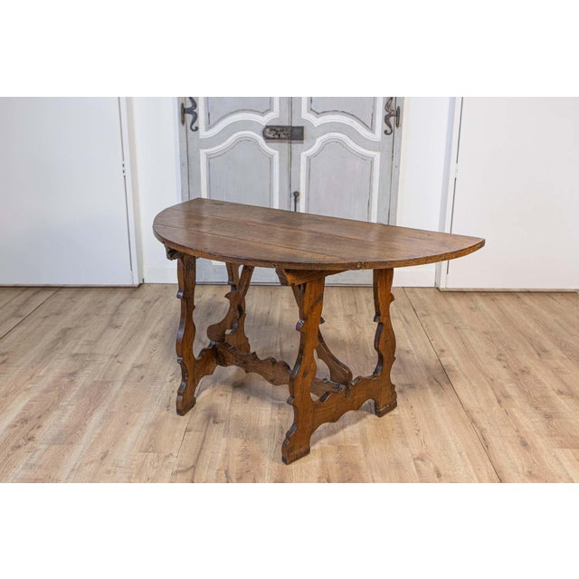 Brown 17th Century Italian Baroque Period Walnut Demilune Table with Carved Lyre Base For Sale - Image 8 of 14
