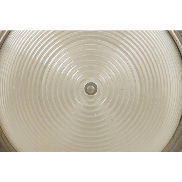Metal Mid 20th Century Industrial 20 In. Ribbed Glass Brushed Steel Dome Flush Mount Light For Sale - Image 7 of 13