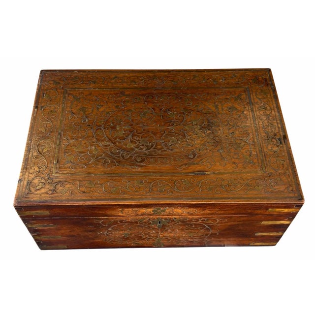 19th Century Antique Brass Inlaid Wooden Dressing Vanity Travel Box For Sale - Image 5 of 6