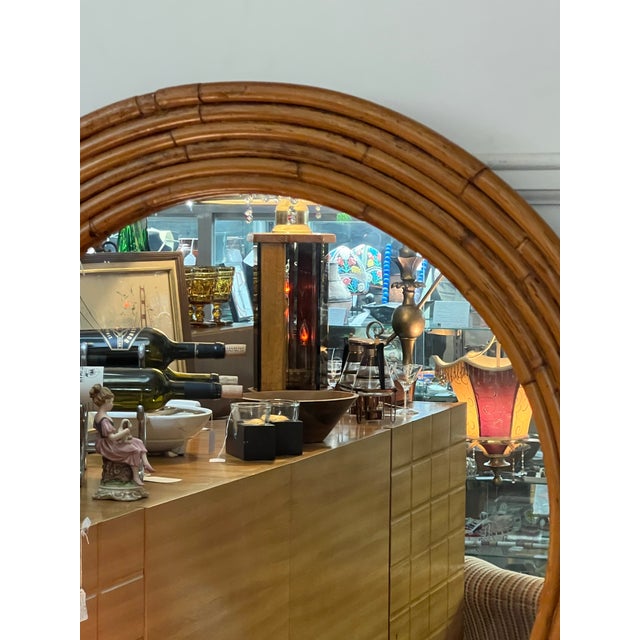 Wood Italian Mid 20th Century Burnt Bamboo Rattan Round Layered Mirror For Sale - Image 7 of 8