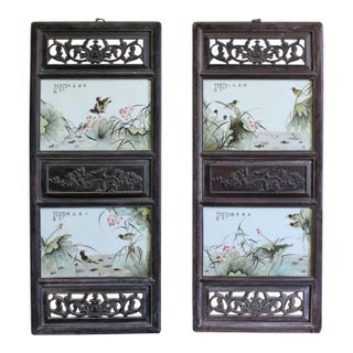 Chinese Vintage Pair Flower Birds Graphic Porcelain Wood Wall Panels Art For Sale