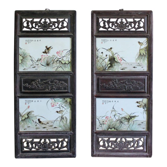 Chinese Vintage Pair Flower Birds Graphic Porcelain Wood Wall Panels Art For Sale