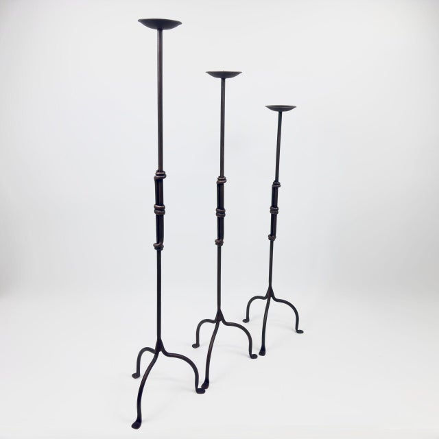 2020s Hand Forged Iron Candelabra Set of 3 (90-110cm) Antique Copper Finish Segmented Ring Node Floor Set For Sale - Image 5 of 6