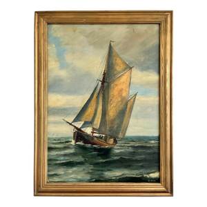 Vintage Signed Sailing Ship Seascape Oil Painting