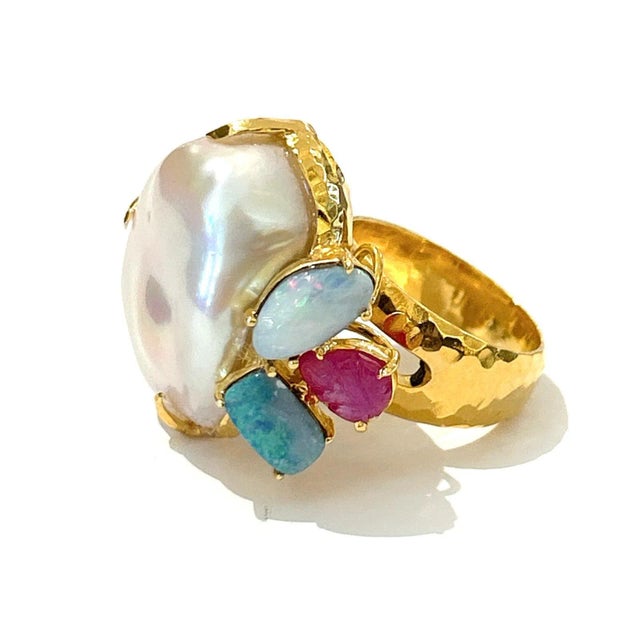 Bochic “Orient” Pearl & Multi Gem Vintage Cluster Ring Set 18k & Silver Size 4.5 For Sale - Image 4 of 5