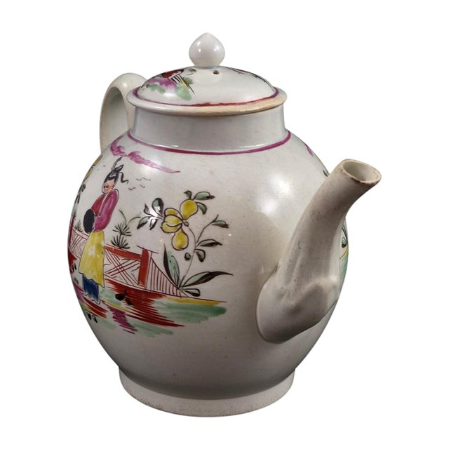 Antique English Polychrome Chinoiserie Creamware Teapot, 1700s For Sale - Image 5 of 16