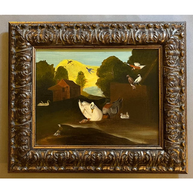 Realism 1990s Oil Painting of Birds and Fowl in a Farmyard Setting For Sale - Image 3 of 3