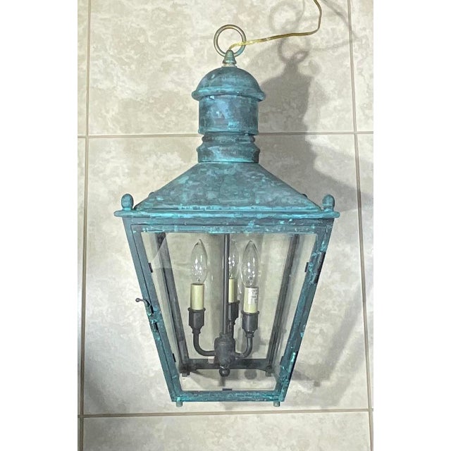 Vintage Solid Copper and Brass Hanging Lantern / 12”x 12”x 23” High For Sale - Image 13 of 17