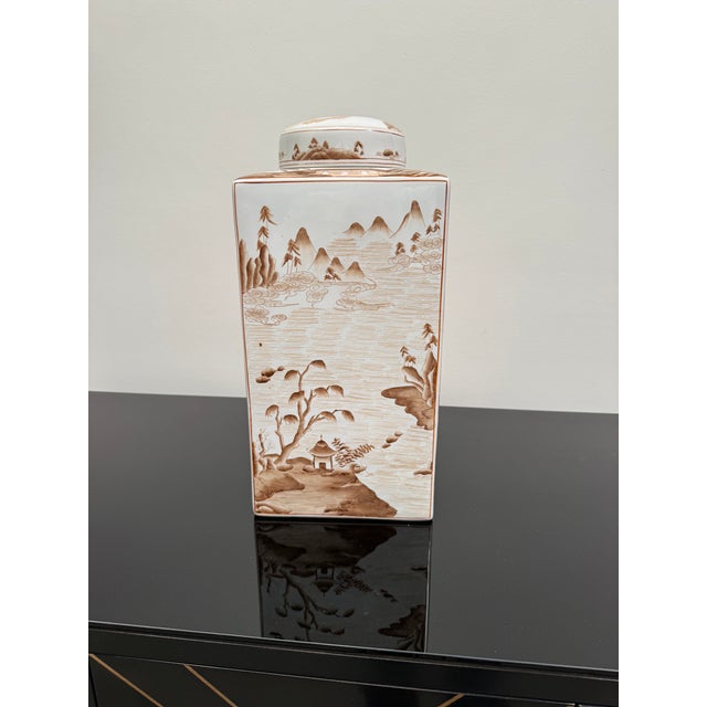 Square Porcelain Ginger Jar in Sepia Tones For Sale - Image 6 of 11