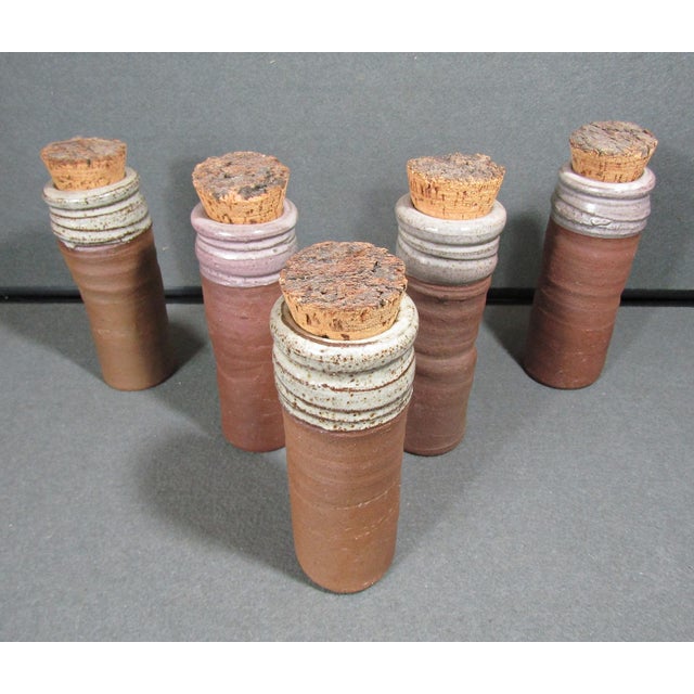 1980s Studio Pottery Stoneware Cork Jars / Bud Vases — Double Triangle Mark- Set of 5 For Sale - Image 4 of 8