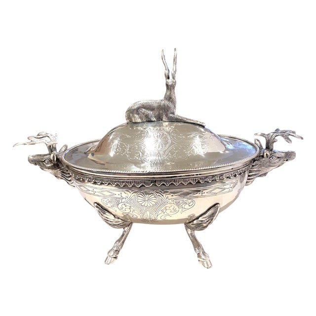 Metal Silverplate Soup Tureen With Stag Motif Elk Deer Thanksgiving Victorian Style For Sale - Image 7 of 17