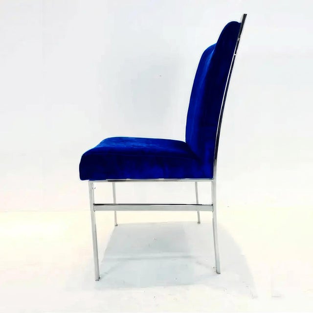 Full Set of 6 Chrome and Blue Velvet Dining Chairs by Pierre Cardin 1970s For Sale In San Diego - Image 6 of 8
