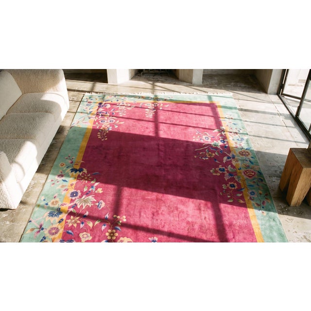 Textile 1920s Pink Dark Floral Antique Chinese Art Deco Rug 9' X 11'6" Handknotted Wool Carpet For Sale - Image 7 of 8