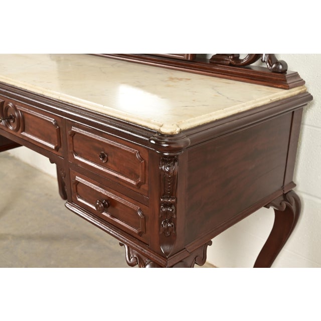 Alexander Roux Antique French Rococo Carved Mahogany and Marble Top Vanity Dressing Table With Mirror, Newly Refinished For Sale - Image 10 of 14