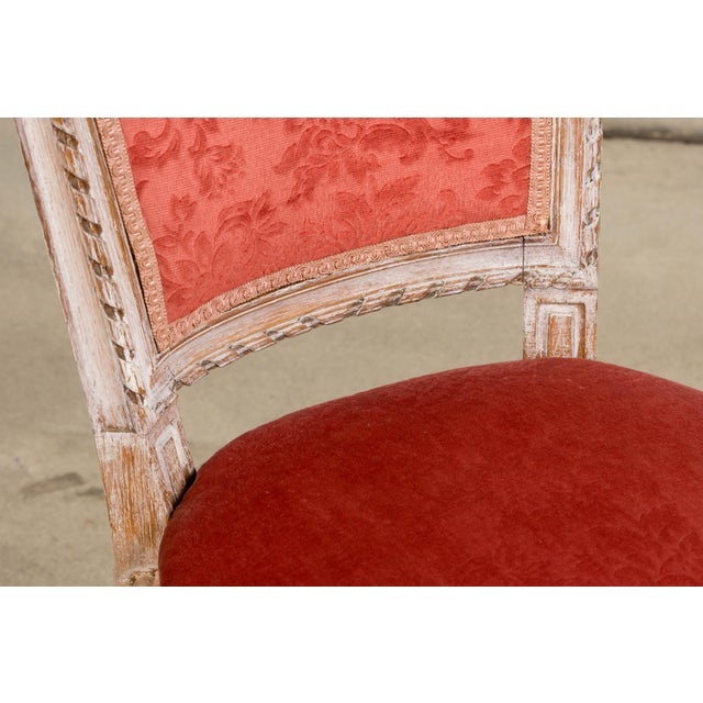 Antique French Louis XVI Style Painted Side Chairs W/ Red Velvet Damask – A Pair For Sale - Image 16 of 18
