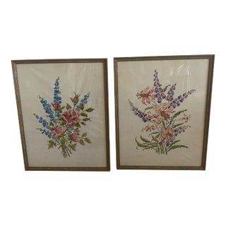 1940s Handmade Cross Stitch Framed - Set of 2 For Sale