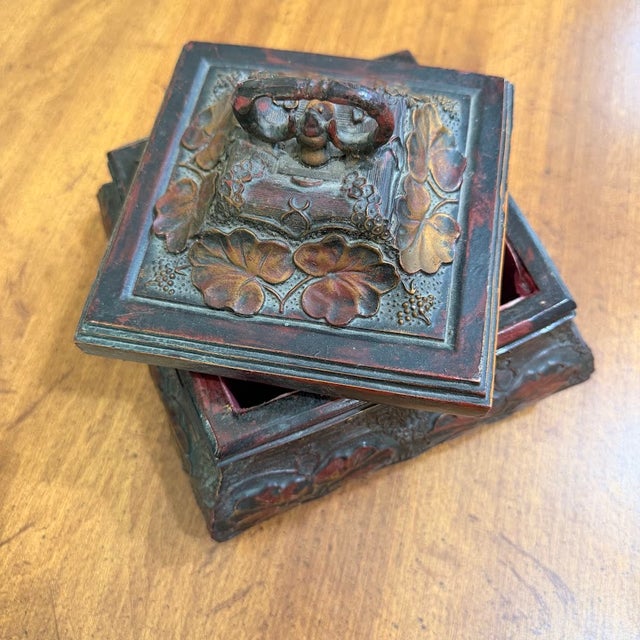 Vintage Style Carved Floral Jewelry Box Red Velvet Lined Footed Trinket Chest For Sale - Image 6 of 11