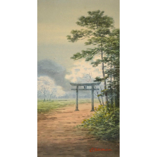 Early 20th Century Japanese Landscape Watercolor with Torii Gate Beautiful early 20th century Japanese landscape...
