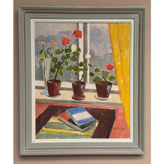 Original Swedish Oil on Panel – “Books and Blossoms” – Vintage & Framed – 91 × 77 cm (35.8" × 30.3") A mid‑20th‑century...