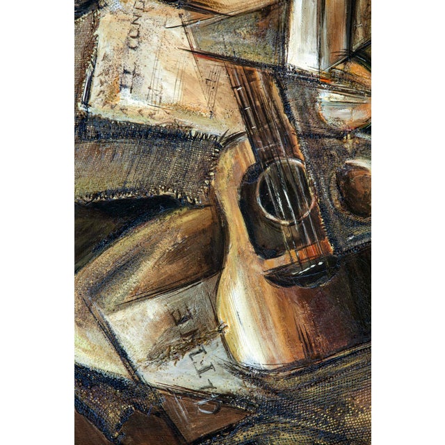 A Stunning MCM Cubist Framed Original Oil Painting; Subject Guitar. Signed by Al Walsh Jr., 1974. Collaged Burlap included...