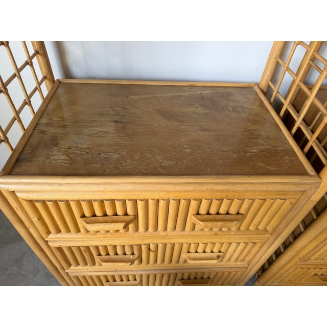 Vintage Coastal Pagoda-Style Rattan Etagères With Three Drawers – A Pair For Sale - Image 11 of 12