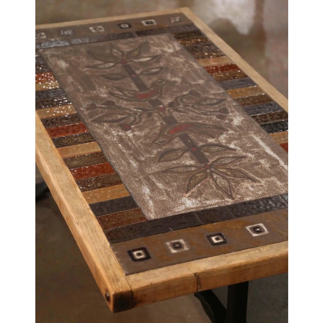Mid-Century French Vallauris Ceramic and Oak Coffee Table Signed Jg Picard For Sale - Image 4 of 9
