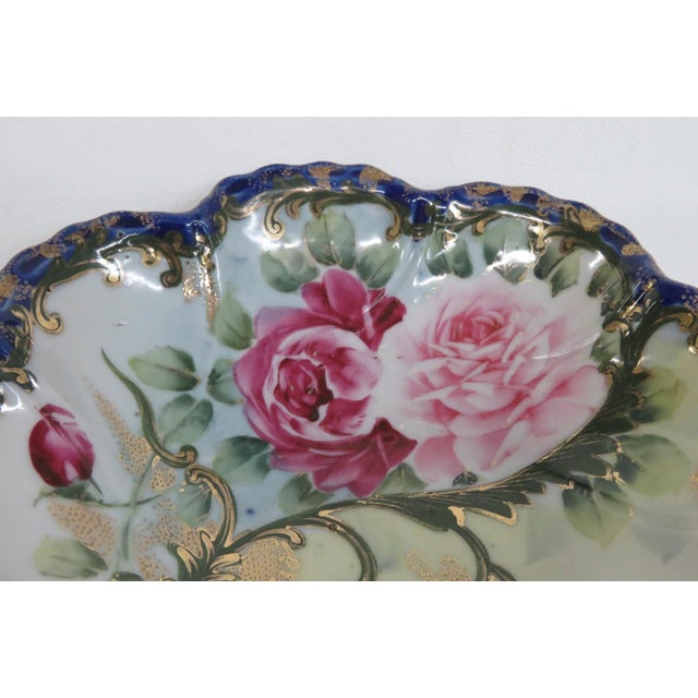 Nippon Porcelain Bowl Made in Japan Hand Painted Roses With Blue Gold Trim 4984b For Sale - Image 4 of 11