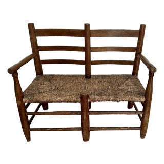 Antique American Ladderback Rush Seat Bench For Sale