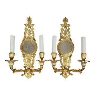 Late 20th Century French Neoclassical Empire Style Gilt Bronze Two Light Wall Sconces W. Mirrors - a Pair For Sale