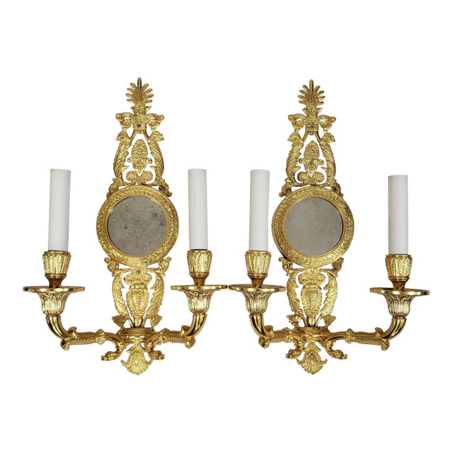 Late 20th Century French Neoclassical Empire Style Gilt Bronze Two Light Wall Sconces W. Mirrors - a Pair For Sale