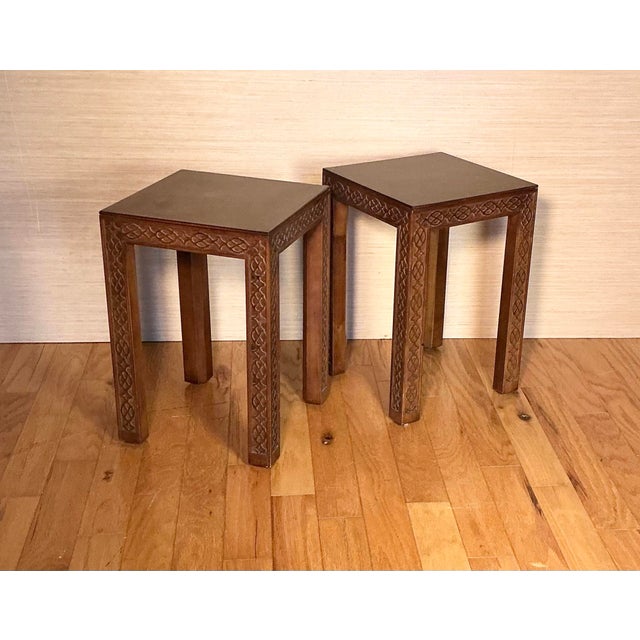 Mid-Century vintage pair of Henredon Chinese Chippendale-style mahogany side tables featuring burl wood center tops,...