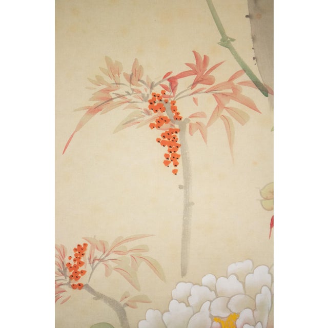 Mid 20th Century Showa Era Oda Hideaki, "Peonies and Blue Birds" Japanese Silk Scroll Painting For Sale - Image 5 of 15