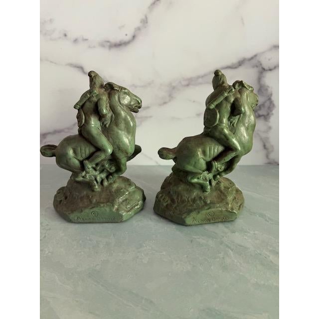 Traditional 1930s Armor Bronze Native American Indigenous Rider and Horse Bookends, Pair For Sale - Image 3 of 6
