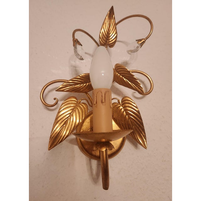 Empire Hollywood Regency Style Hand-Forged Gold Leaf-Gilded Wall Lamps with Crystal Elements and Floral and Leaf Decorations, 1960s For Sale - Image 12 of 18