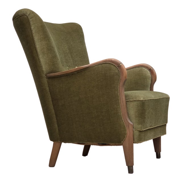 Danish Beech Highback Armchair with Velour Upholstery, 1960s For Sale