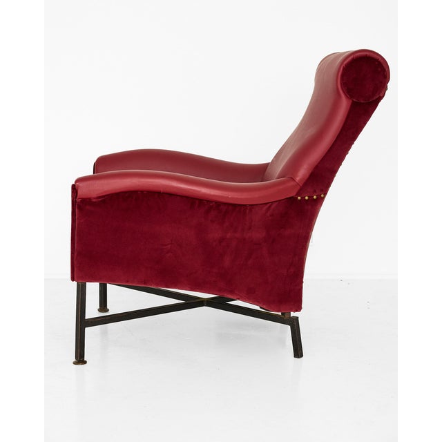 Italian Mid-Century Vinyl and Velvet Lounge Chair With Iron X-Base For Sale - Image 4 of 17