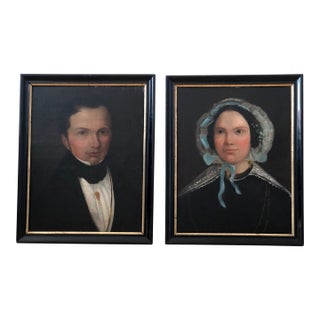 Antique Original Oil Paintings of a Gentleman and Lady, 19th Century Portrait Set - a Pair For Sale
