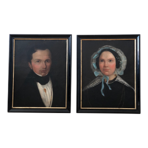 Antique Original Oil Paintings of a Gentleman and Lady, 19th Century Portrait Set - a Pair