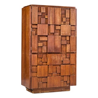 Lane Staccato Brutalist Mid Century Walnut Armoire Highboy Dresser For Sale