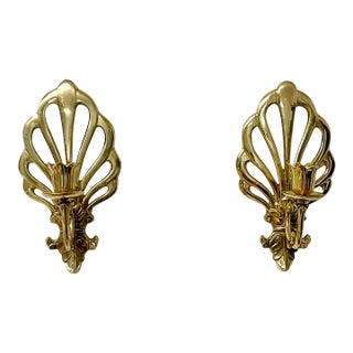 1970s Vintage French Peacock Lacquered Brass Candleholder Wall Sconces - A Pair. For Sale