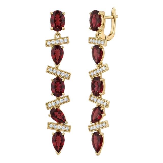 Modern Geometric Garnet Drop Earrings, Silver, Gold, Pair For Sale
