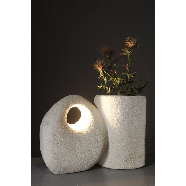 Brutalist Mid-Century Modern Brutalist Carved Stone Lamp with Vase, 1970s For Sale - Image 3 of 13