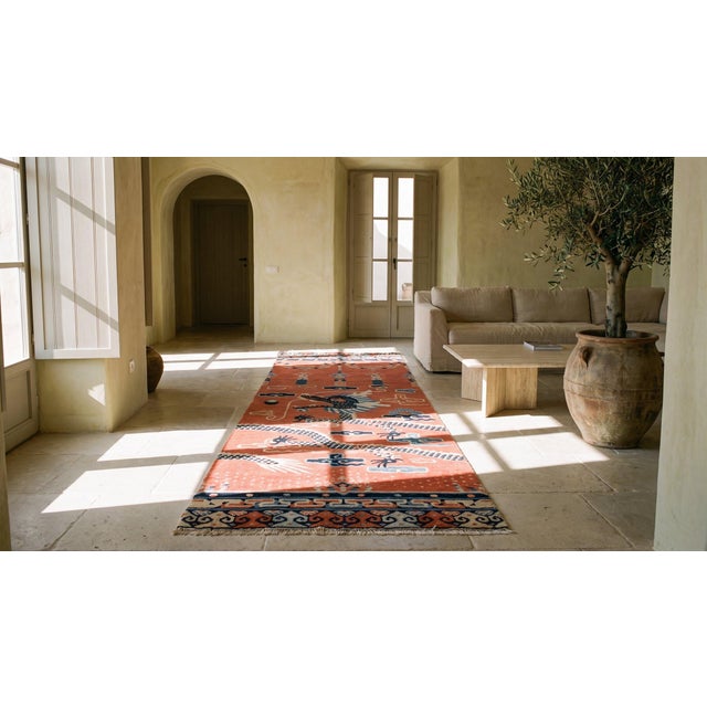 A Greek Key Pattern in a Salmon Background Color Antique Chinese Ningxia Pillar Rug For Sale In New York - Image 6 of 8