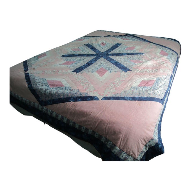 Chrysalis Star Log Cabin Variation Vintage 1980s Patchwork Quilt Cotton Blend For Sale