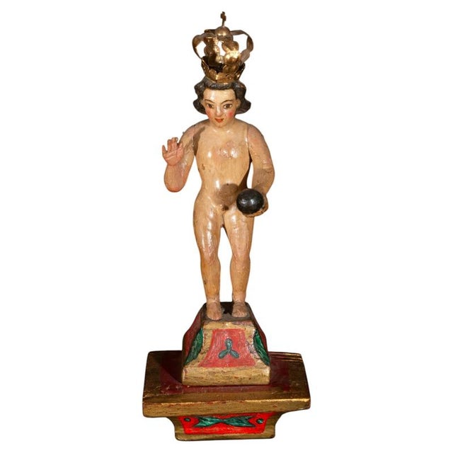 Spanish Colonial Artist, Niño Jesús Salvador del Mundo Sculpture, 17th Century, Wood For Sale - Image 8 of 8