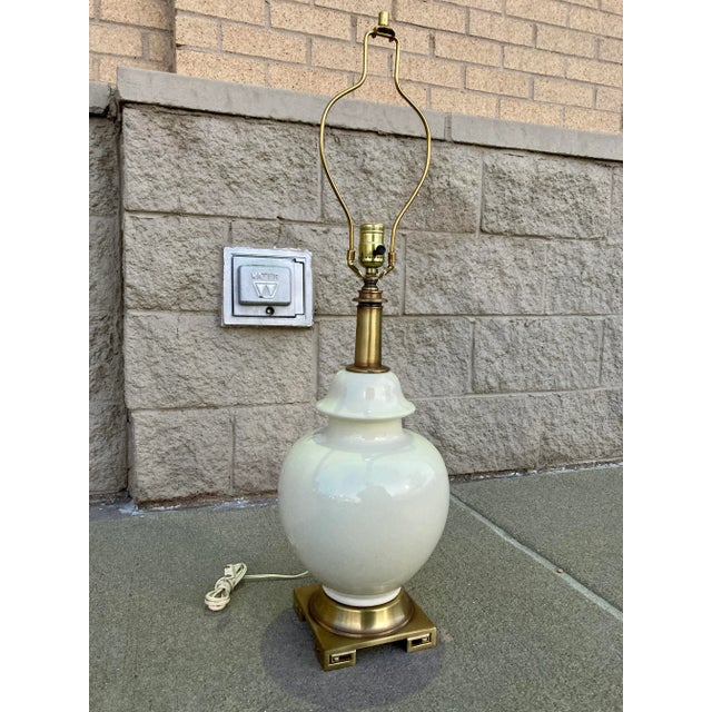 Metal Hollywood Regency Porcelain Ginger Jar Lamp Greek Key Solid Brass Base For Sale - Image 7 of 13