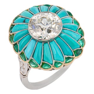 Art Deco Style 2.84 Carat Diamond Turquoise Emerald Platinum Cocktail Ring, Size 7 For Sale