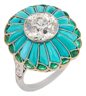 Art Deco Style 2.84 Carat Diamond Turquoise Emerald Platinum Cocktail Ring, Size 7