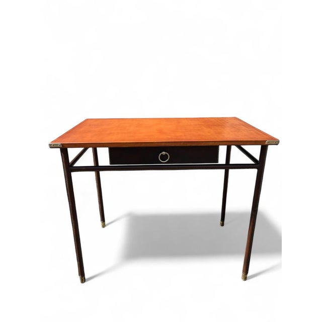 Brown Vintage Stitched Leather Desk by Jacques Adnet, 1950s For Sale - Image 8 of 9